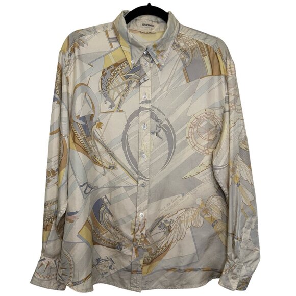 HERMES Vintage Face au Large Margiela Blue Ivory Silk Blouse FR48 Women XL 16 18 - Picture 1 of 16